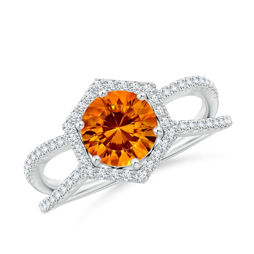 7mm AAAA Round Citrine Split Shank Ring with Hexagon Halo in White Gold