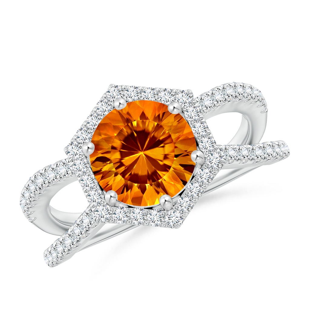 8mm AAAA Round Citrine Split Shank Ring with Hexagon Halo in White Gold