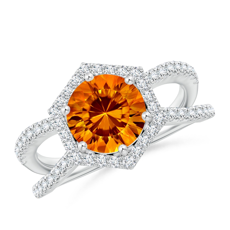 8mm AAAA Round Citrine Split Shank Ring with Hexagon Halo in White Gold 