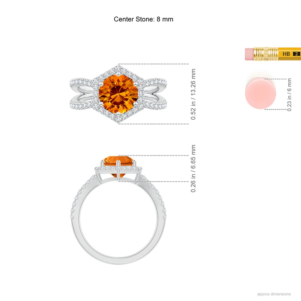 8mm AAAA Round Citrine Split Shank Ring with Hexagon Halo in White Gold Ruler