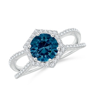 7mm AAAA Round London Blue Topaz Split Shank Ring with Hexagon Halo in P950 Platinum