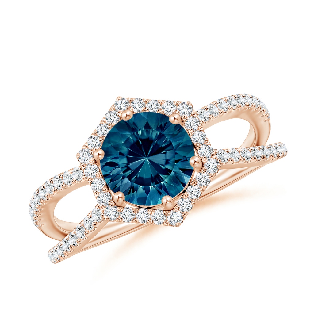 7mm AAAA Round London Blue Topaz Split Shank Ring with Hexagon Halo in Rose Gold