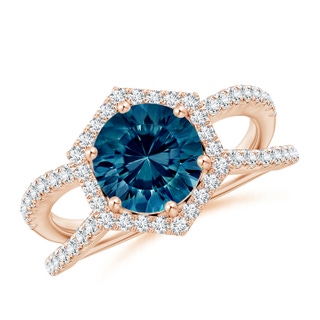 8mm AAAA Round London Blue Topaz Split Shank Ring with Hexagon Halo in Rose Gold