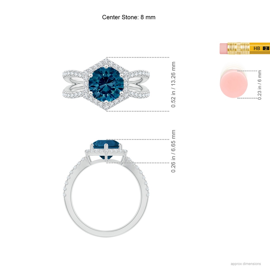 8mm AAAA Round London Blue Topaz Split Shank Ring with Hexagon Halo in White Gold ruler