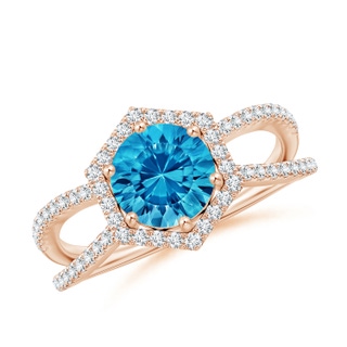 7mm AAAA Round Swiss Blue Topaz Split Shank Ring with Hexagon Halo in 9K Rose Gold