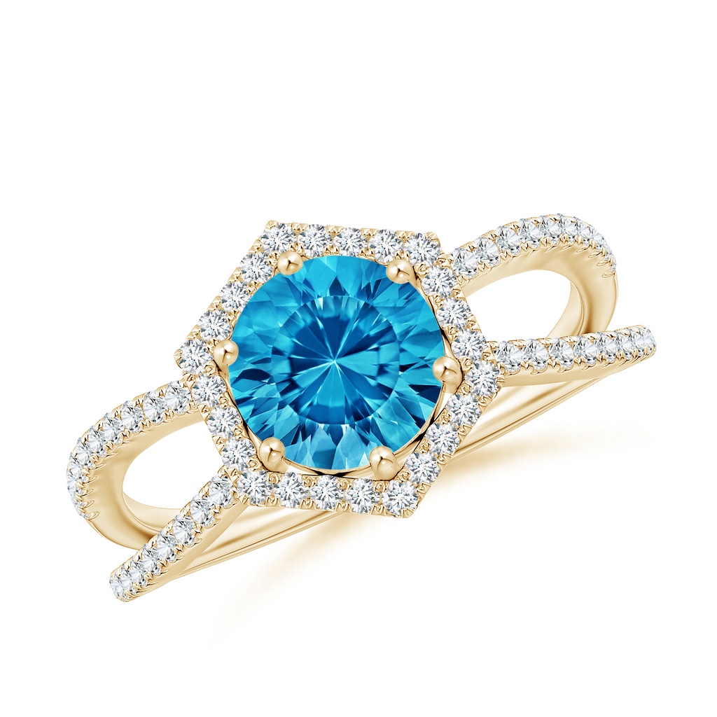 7mm AAAA Round Swiss Blue Topaz Split Shank Ring with Hexagon Halo in Yellow Gold