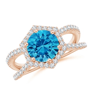 8mm AAAA Round Swiss Blue Topaz Split Shank Ring with Hexagon Halo in Rose Gold