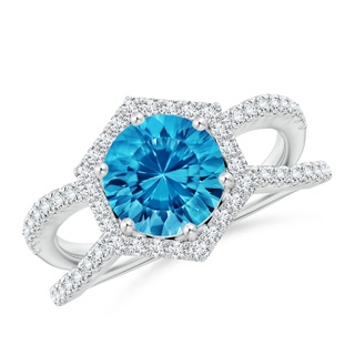 8mm AAAA Round Swiss Blue Topaz Split Shank Ring with Hexagon Halo in White Gold