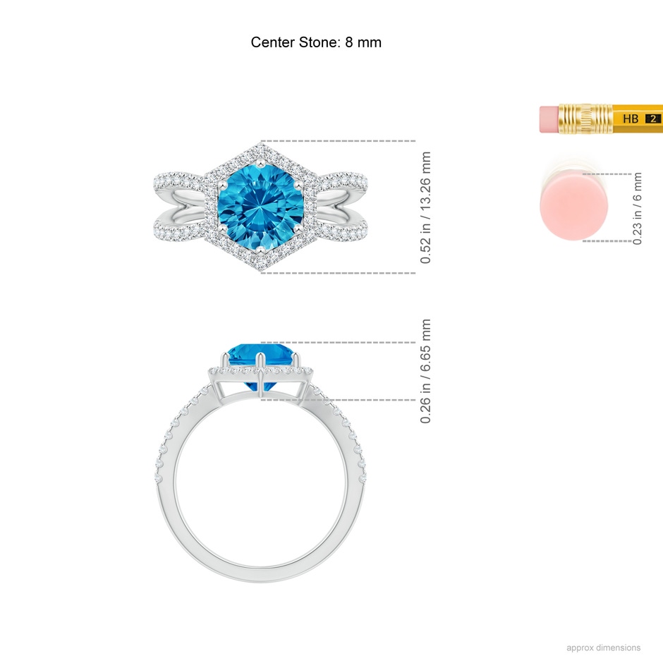 8mm AAAA Round Swiss Blue Topaz Split Shank Ring with Hexagon Halo in White Gold ruler