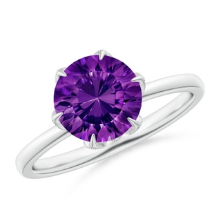 8mm AAAA Vintage Style Round Amethyst Solitaire Floral Ring in White Gold