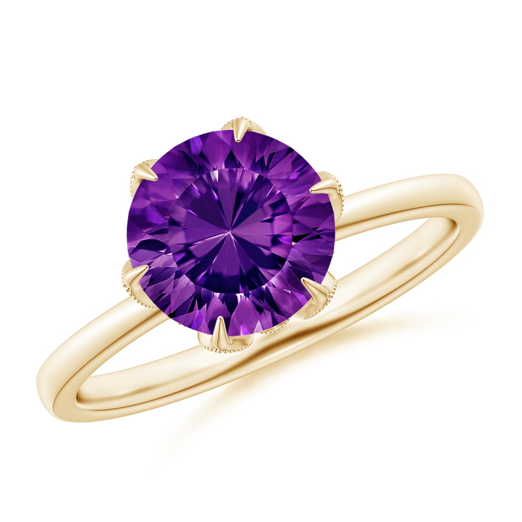 8mm AAAA Vintage Style Round Amethyst Solitaire Floral Ring in Yellow Gold