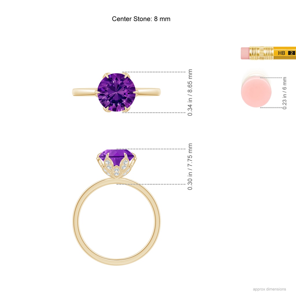 8mm AAAA Vintage Style Round Amethyst Solitaire Floral Ring in Yellow Gold Ruler