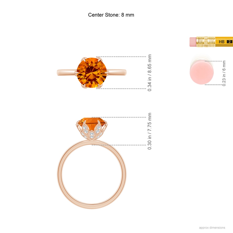 8mm AAAA Vintage Style Round Citrine Solitaire Floral Ring in Rose Gold ruler
