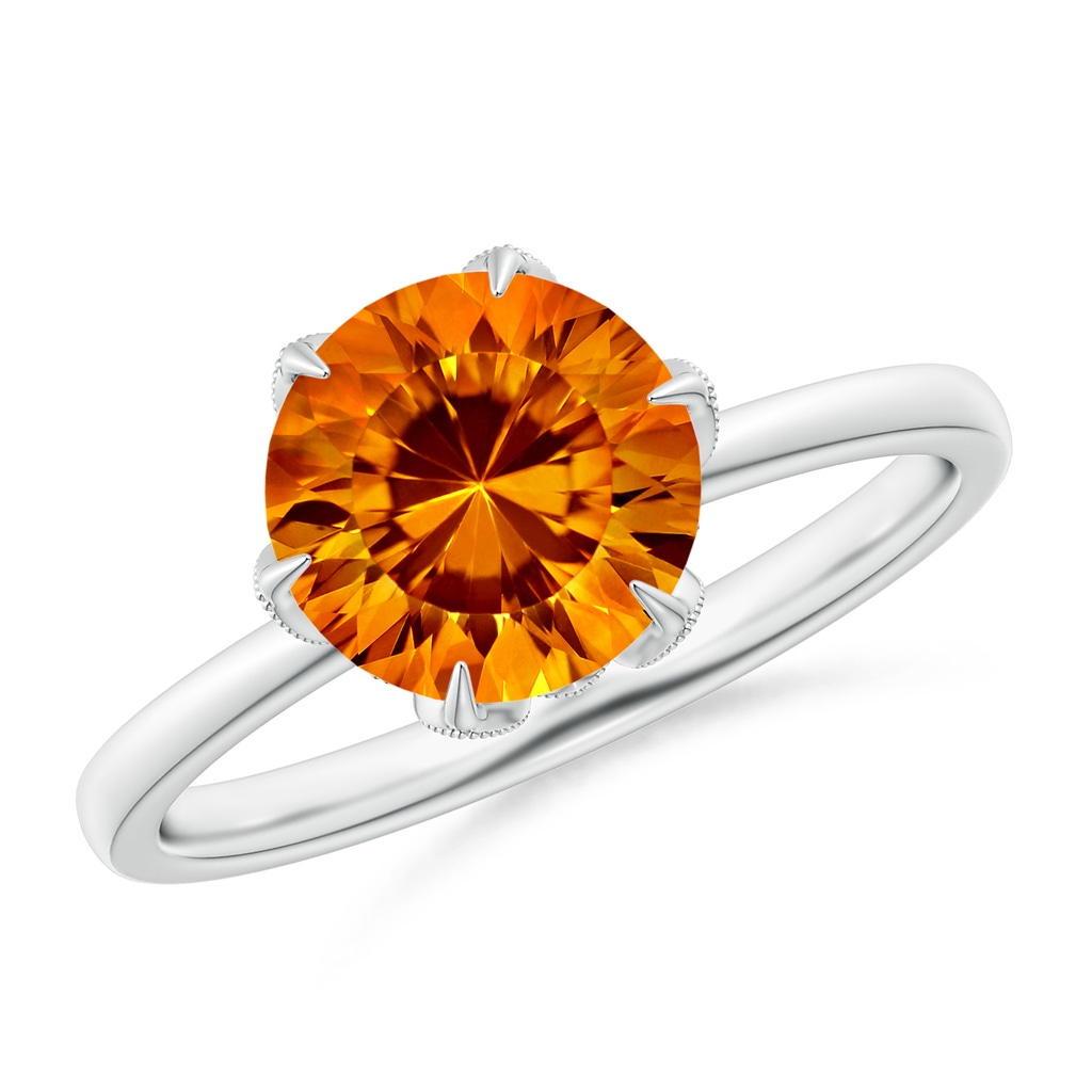 8mm AAAA Vintage Style Round Citrine Solitaire Floral Ring in White Gold