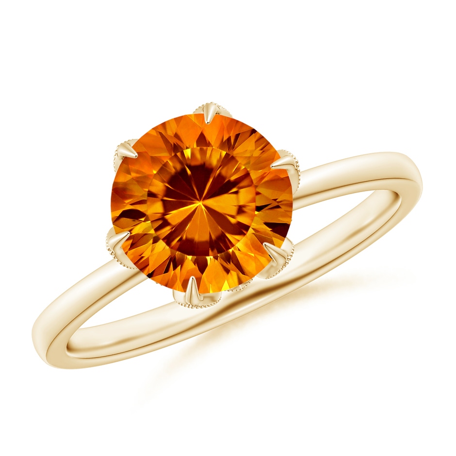 8mm AAAA Vintage Style Round Citrine Solitaire Floral Ring in Yellow Gold 