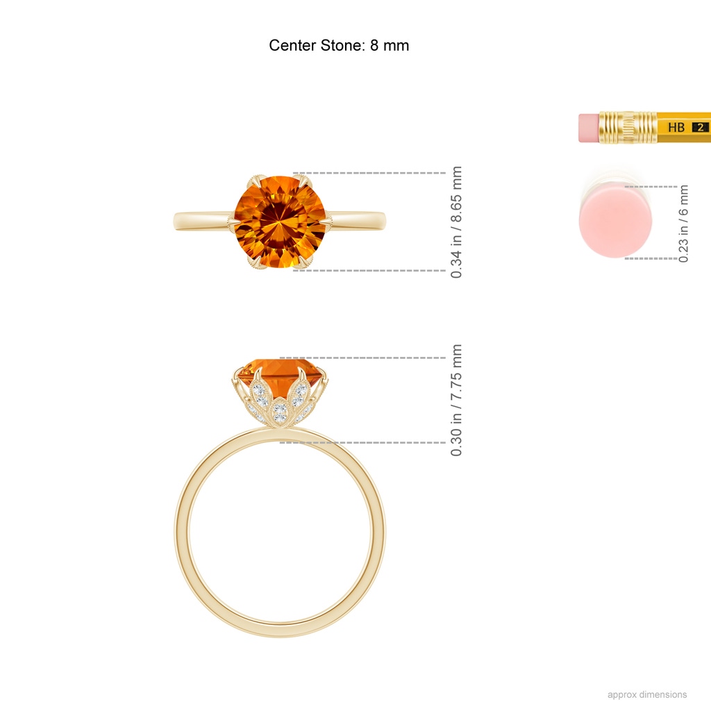 8mm AAAA Vintage Style Round Citrine Solitaire Floral Ring in Yellow Gold Ruler
