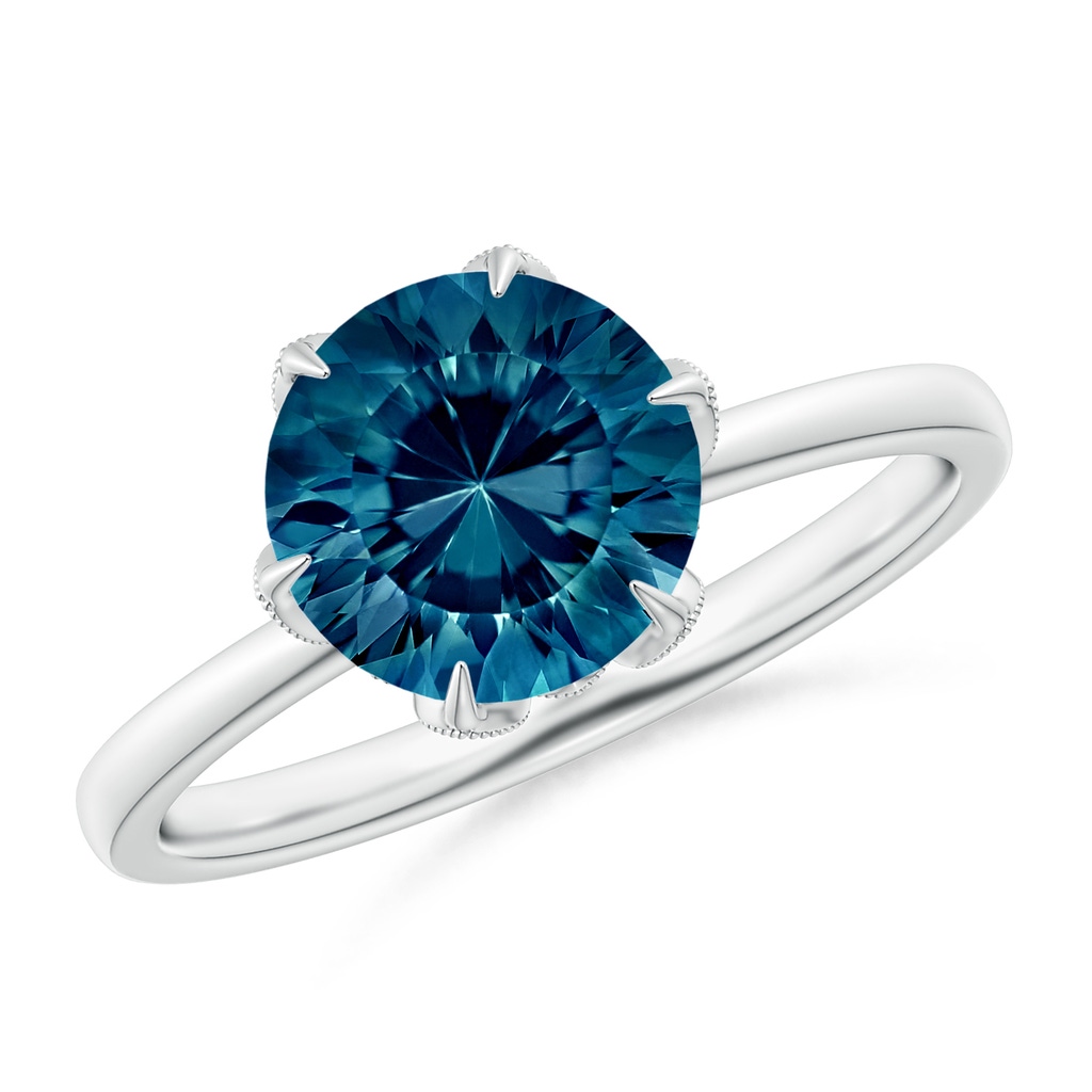 8mm AAAA Vintage Style Round London Blue Topaz Solitaire Floral Ring in White Gold