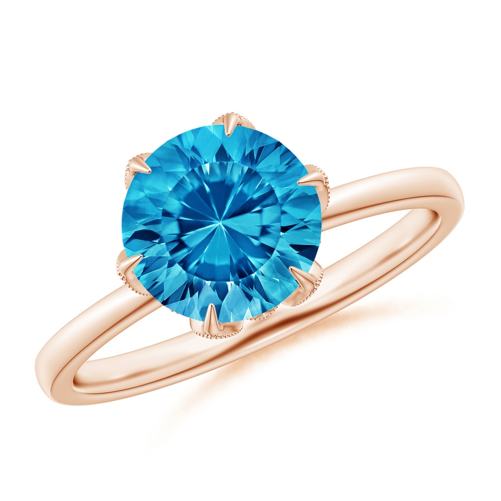 8mm AAAA Vintage Style Round Swiss Blue Topaz Solitaire Floral Ring in Rose Gold