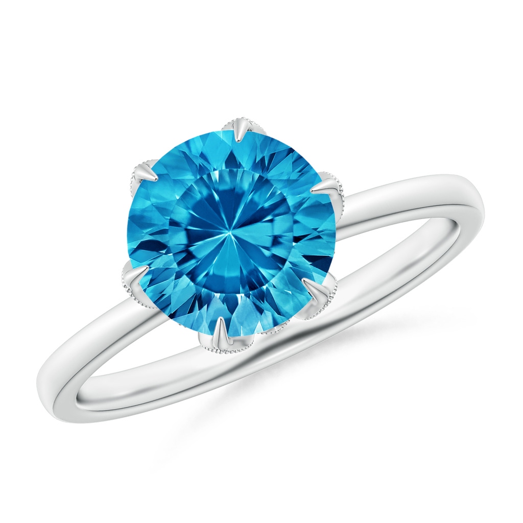 8mm AAAA Vintage Style Round Swiss Blue Topaz Solitaire Floral Ring in White Gold
