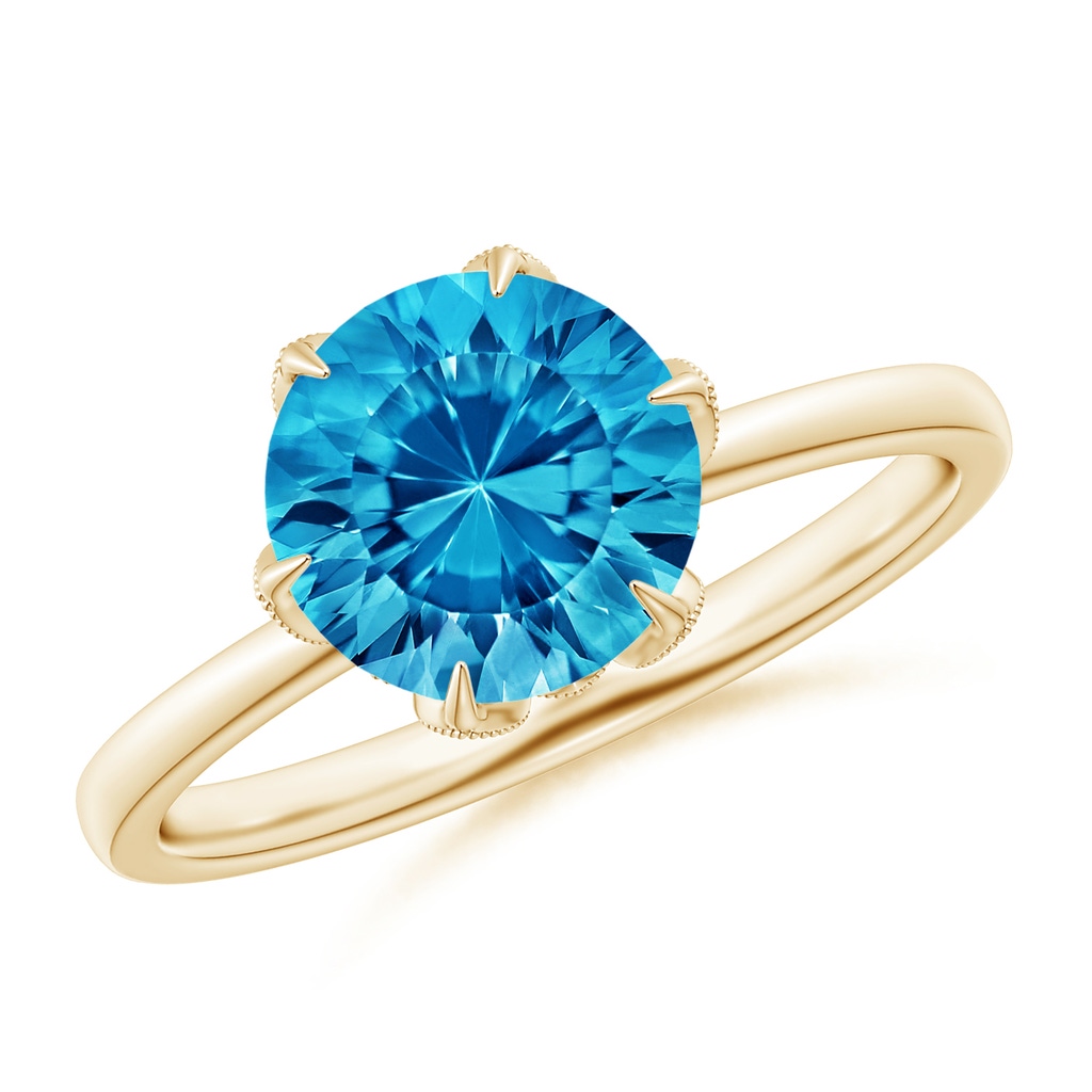 8mm AAAA Vintage Style Round Swiss Blue Topaz Solitaire Floral Ring in Yellow Gold