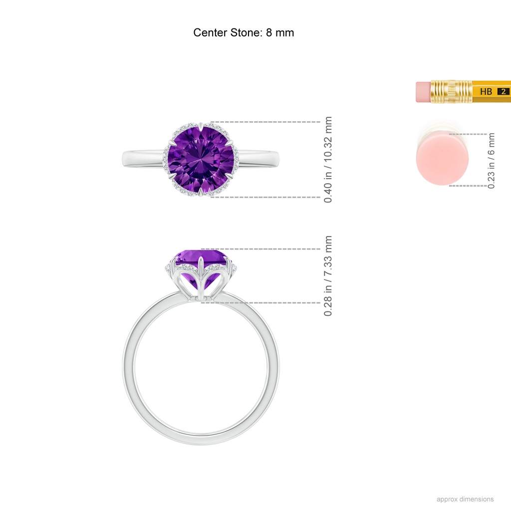 8mm AAAA Round Amethyst Engagement Ring with Floral Halo in White Gold Ruler