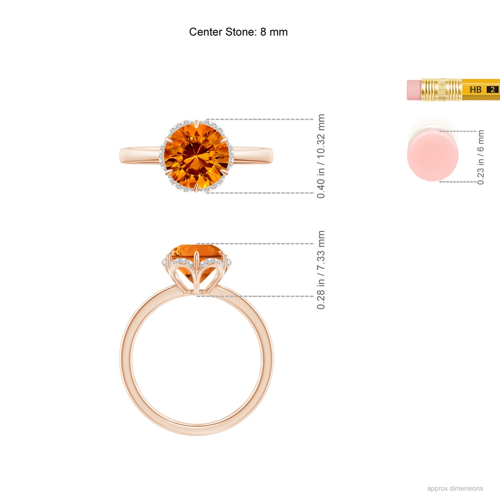 8mm AAAA Round Citrine Engagement Ring with Floral Halo in Rose Gold Ruler