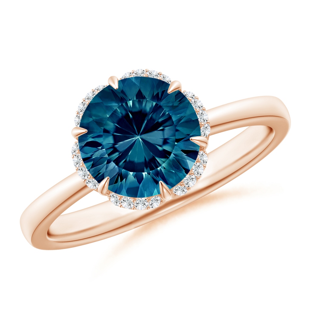 8mm AAAA Round London Blue Topaz Engagement Ring with Floral Halo in Rose Gold