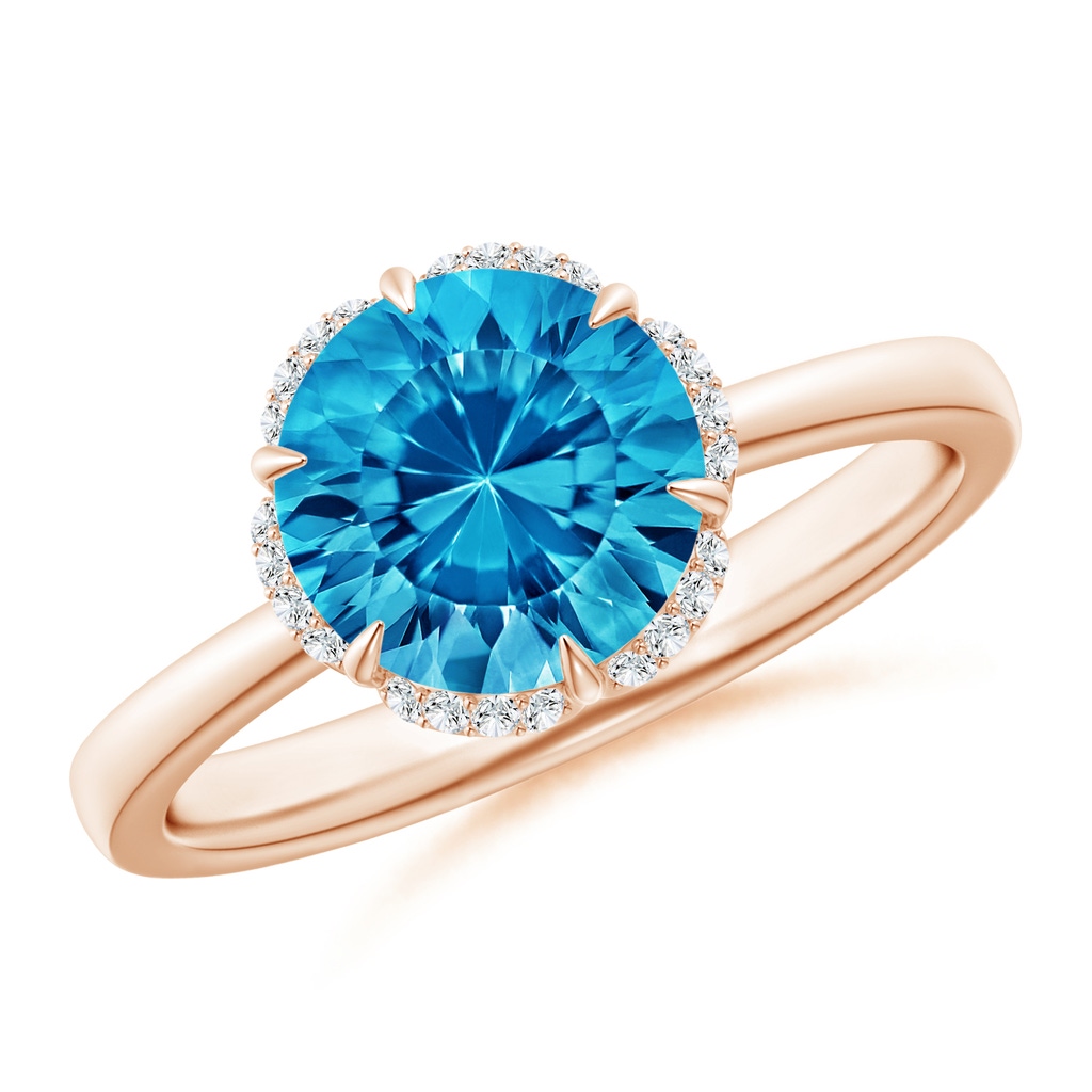 8mm AAAA Round Swiss Blue Topaz Engagement Ring with Floral Halo in Rose Gold