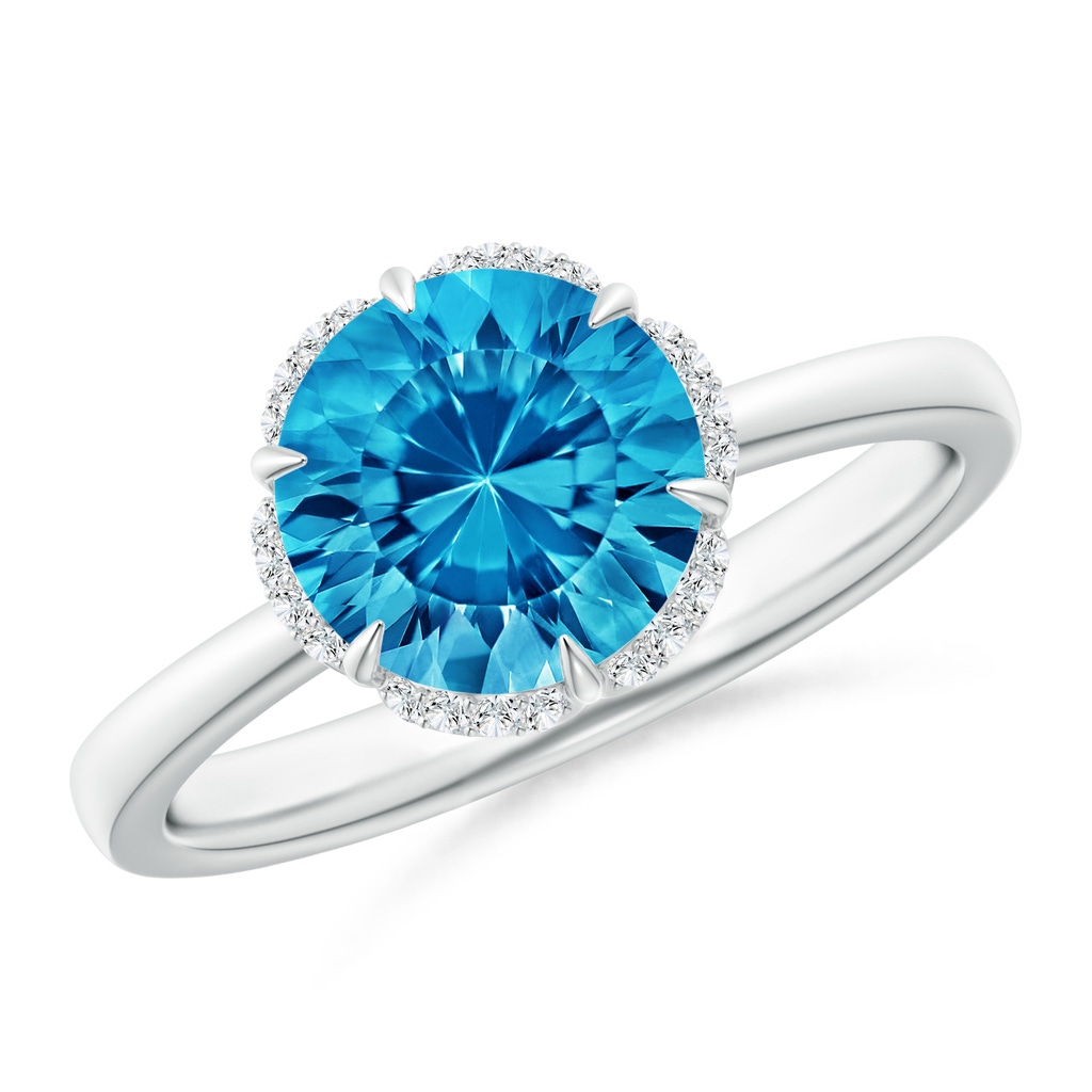 8mm AAAA Round Swiss Blue Topaz Engagement Ring with Floral Halo in White Gold 