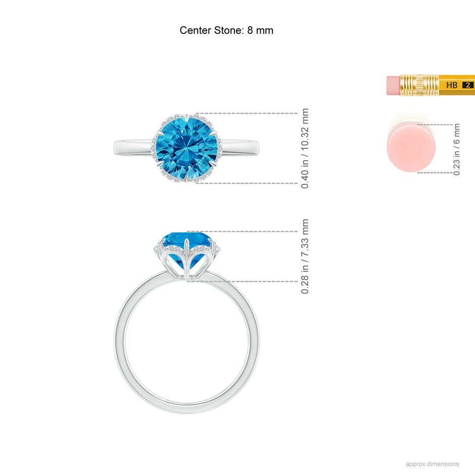 8mm AAAA Round Swiss Blue Topaz Engagement Ring with Floral Halo in White Gold ruler