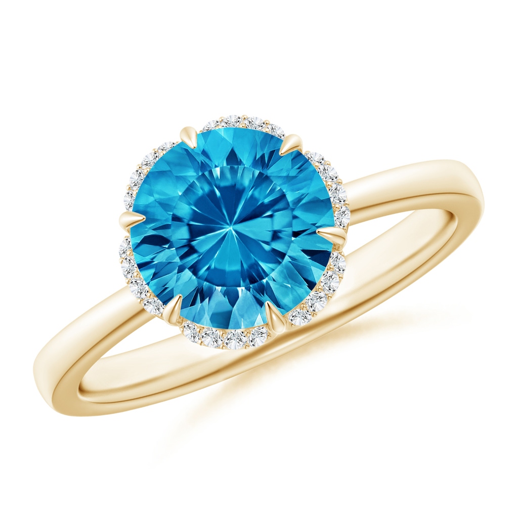 8mm AAAA Round Swiss Blue Topaz Engagement Ring with Floral Halo in Yellow Gold
