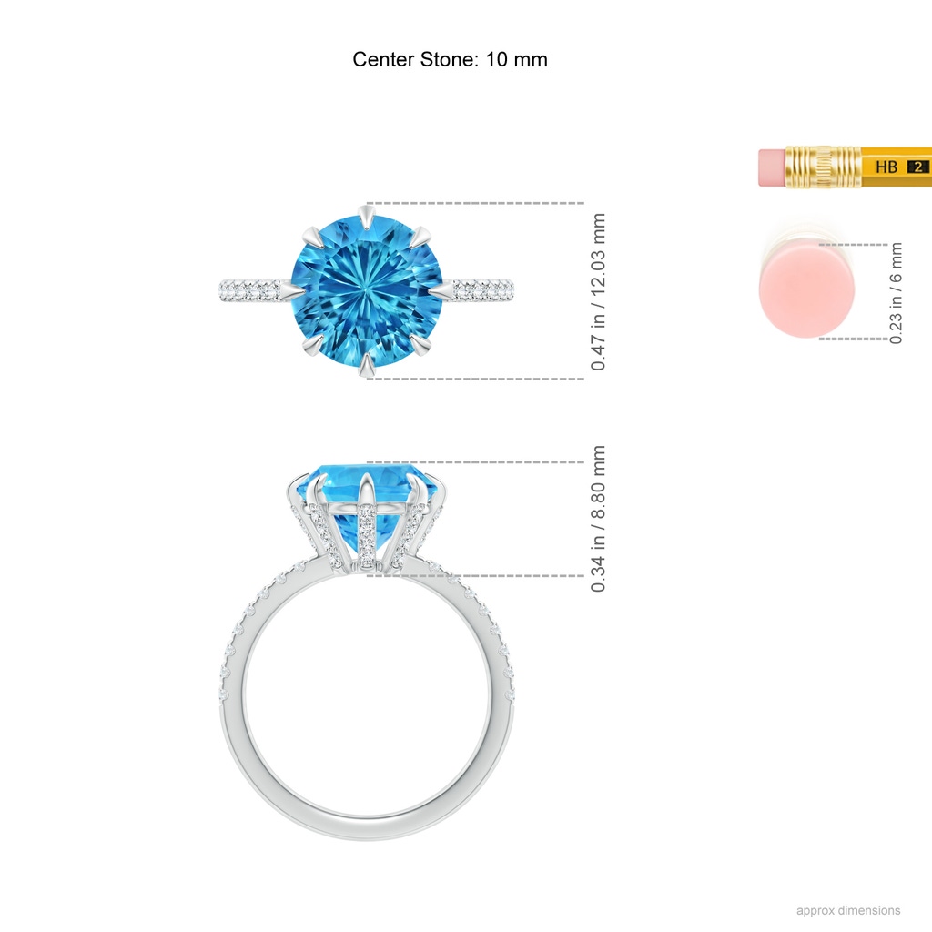 10mm AAAA Eight Prong-Set Round Swiss Blue Topaz Solitaire Ring in White Gold Ruler
