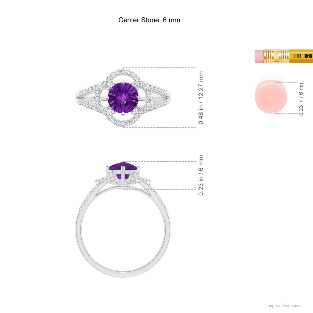 6mm AAAA Round Amethyst Floral Split Shank Ring in White Gold Ruler