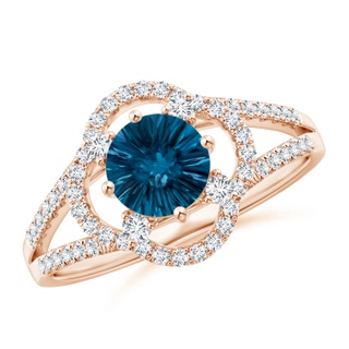 6mm AAAA Round London Blue Topaz Floral Split Shank Ring in Rose Gold