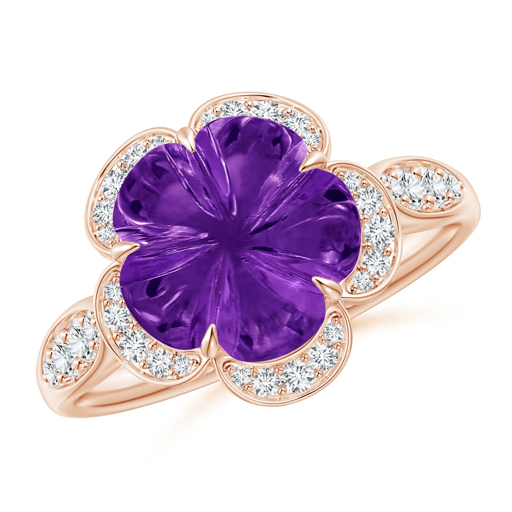 10mm AAAA Five-Petal Flower Amethyst and Diamond Halo Ring in Rose Gold 