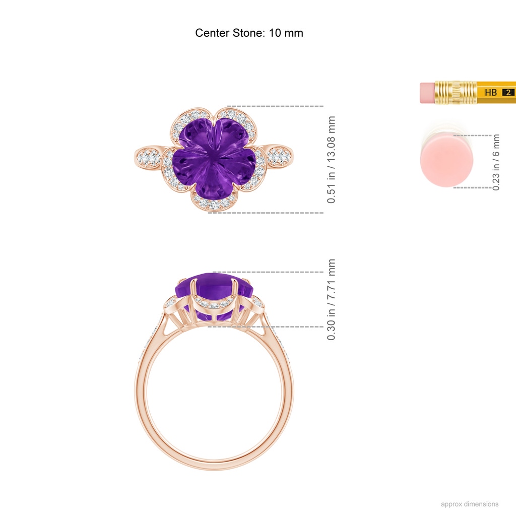 10mm AAAA Five-Petal Flower Amethyst and Diamond Halo Ring in Rose Gold Ruler