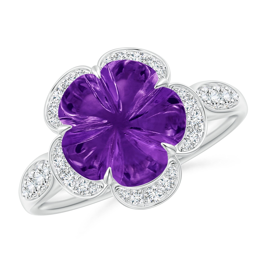 10mm AAAA Five-Petal Flower Amethyst and Diamond Halo Ring in White Gold