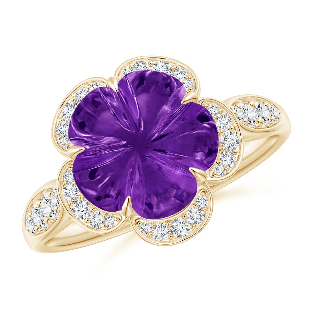 10mm AAAA Five-Petal Flower Amethyst and Diamond Halo Ring in Yellow Gold