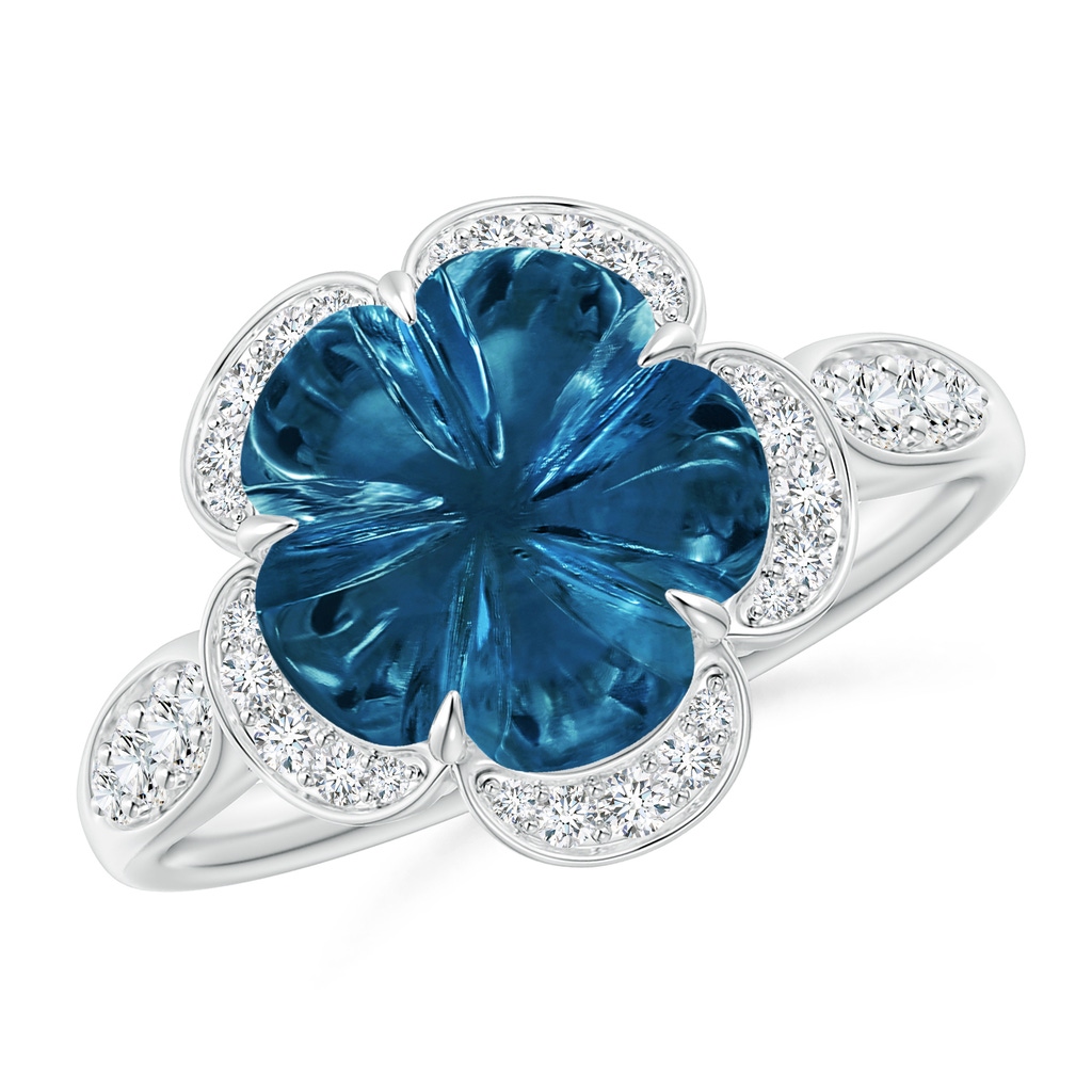 10mm AAAA Five-Petal Flower London Blue Topaz and Diamond Halo Ring in White Gold
