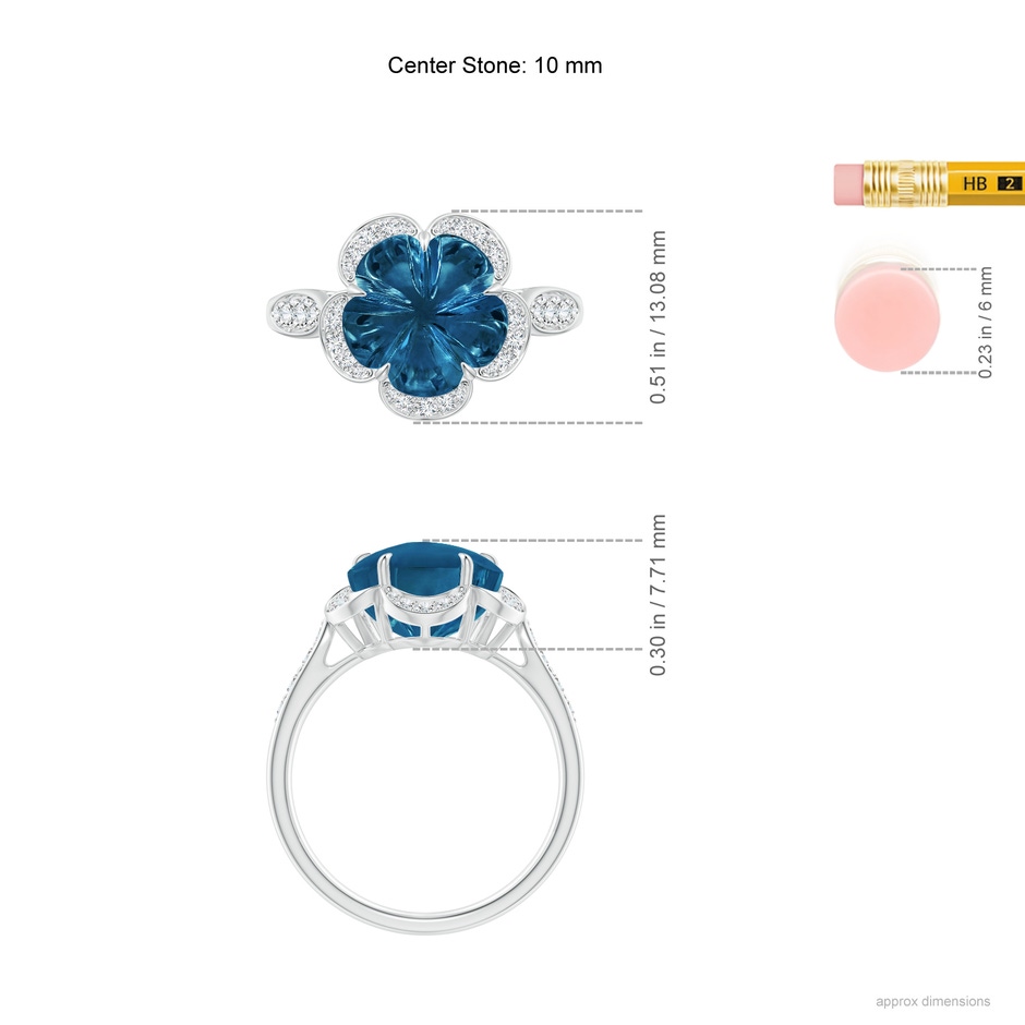 10mm AAAA Five-Petal Flower London Blue Topaz and Diamond Halo Ring in White Gold ruler