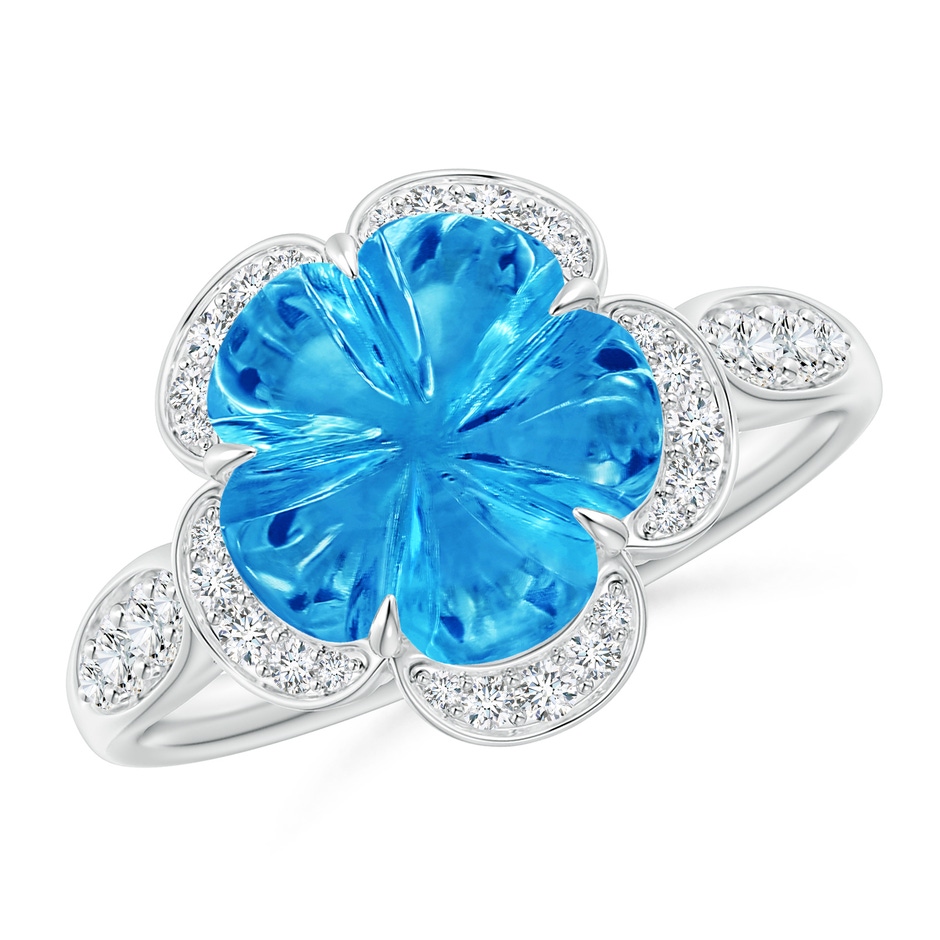 10mm AAAA Five-Petal Flower Swiss Blue Topaz and Diamond Halo Ring in White Gold 