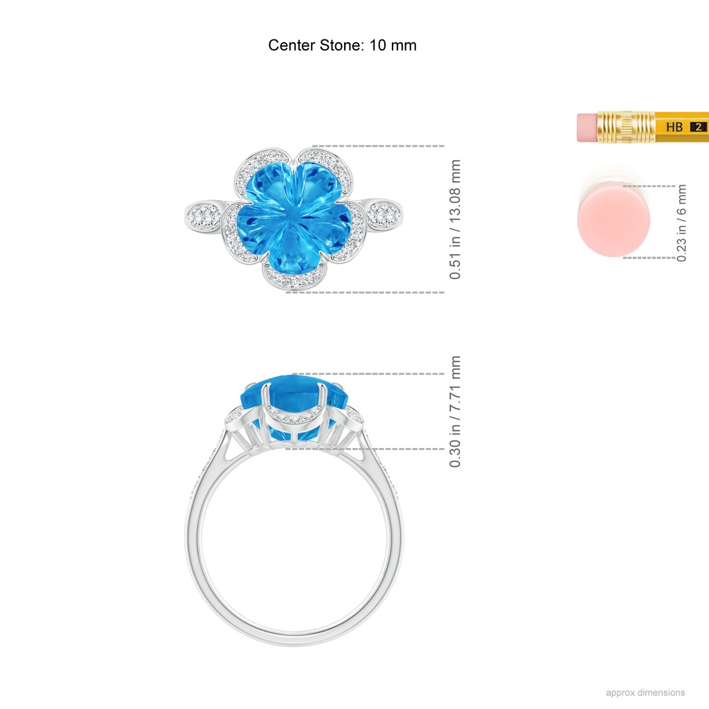 10mm AAAA Five-Petal Flower Swiss Blue Topaz and Diamond Halo Ring in White Gold Ruler