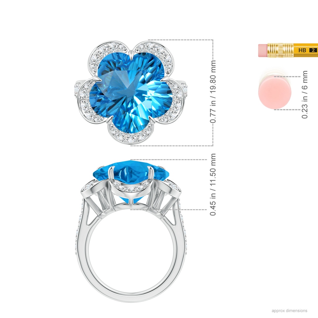 15.30x15.24x9.76mm AAAA GIA Certified Five-Petal Flower Swiss Blue Topaz and Diamond Halo Ring in White Gold ruler