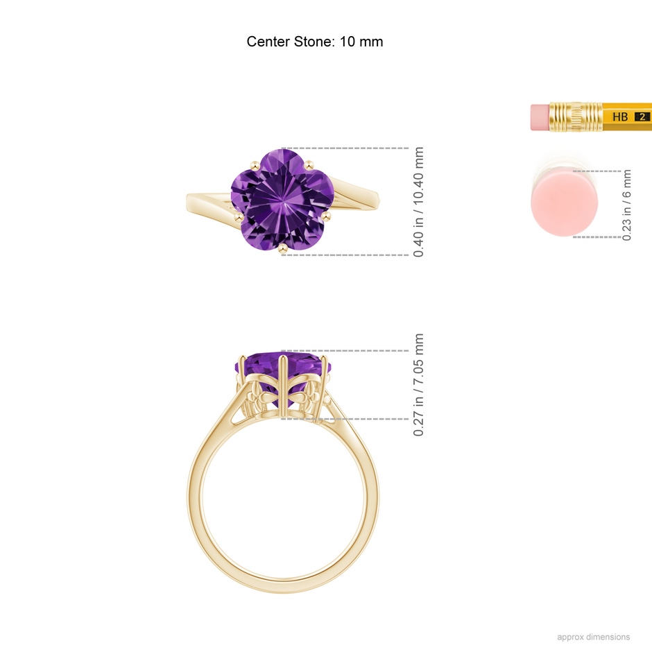10mm AAAA Solitaire Five-Petal Flower Amethyst Bypass Ring in Yellow Gold ruler