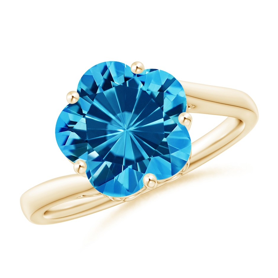 10mm AAAA Solitaire Five-Petal Flower Swiss Blue Topaz Bypass Ring in Yellow Gold 