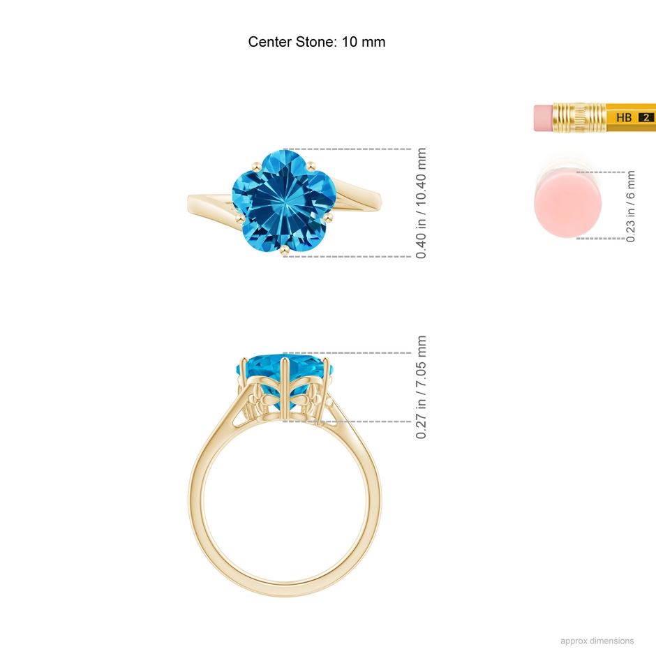 10mm AAAA Solitaire Five-Petal Flower Swiss Blue Topaz Bypass Ring in Yellow Gold ruler