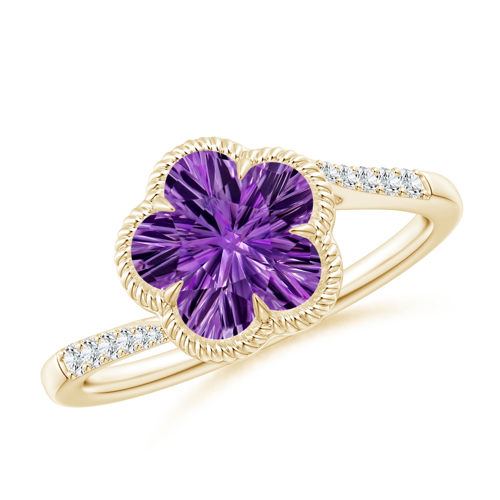 8mm AAAA Five-Petal Flower Amethyst Twisted Wire Halo Ring in Yellow Gold