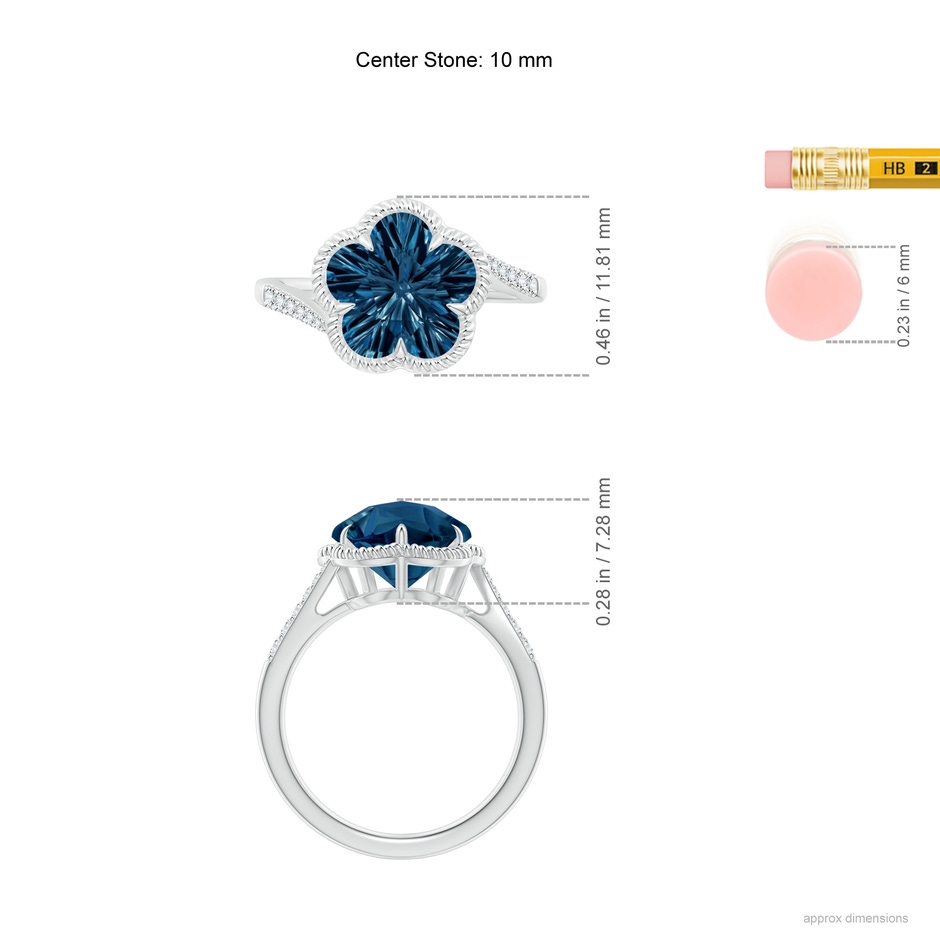 10mm AAAA Five-Petal Flower London Blue Topaz Twisted Wire Halo Ring in White Gold ruler