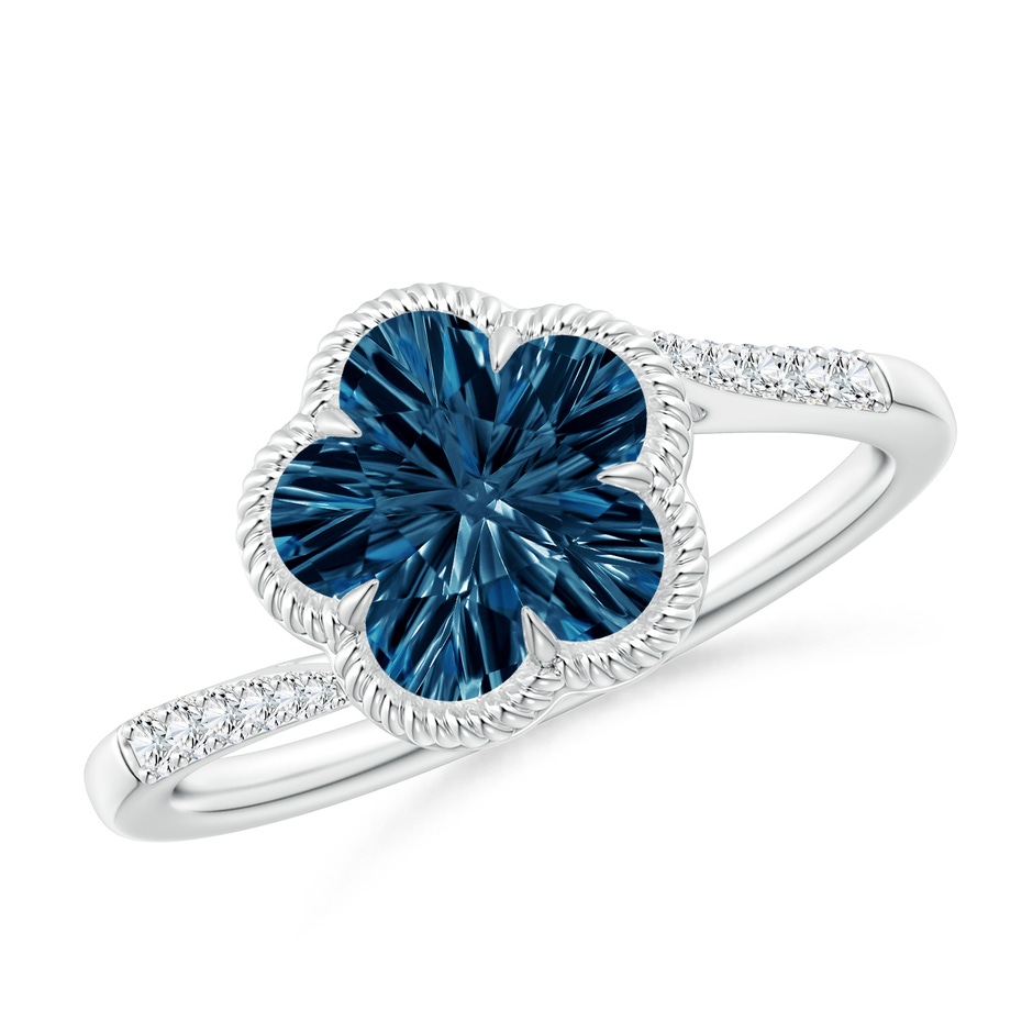 8mm AAAA Five-Petal Flower London Blue Topaz Twisted Wire Halo Ring in White Gold 