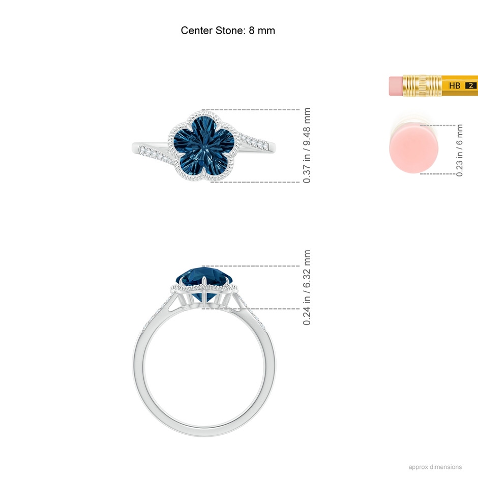 8mm AAAA Five-Petal Flower London Blue Topaz Twisted Wire Halo Ring in White Gold ruler